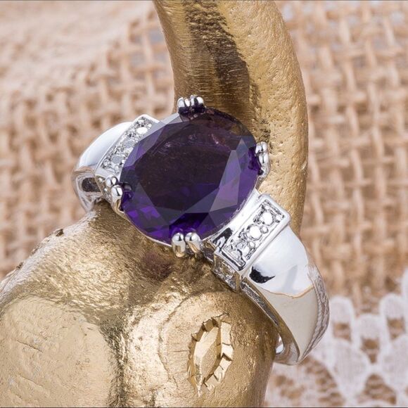 3 Ct. Oval Lab Amethyst/White Topaz Cocktail Ring - Picture 2 of 2